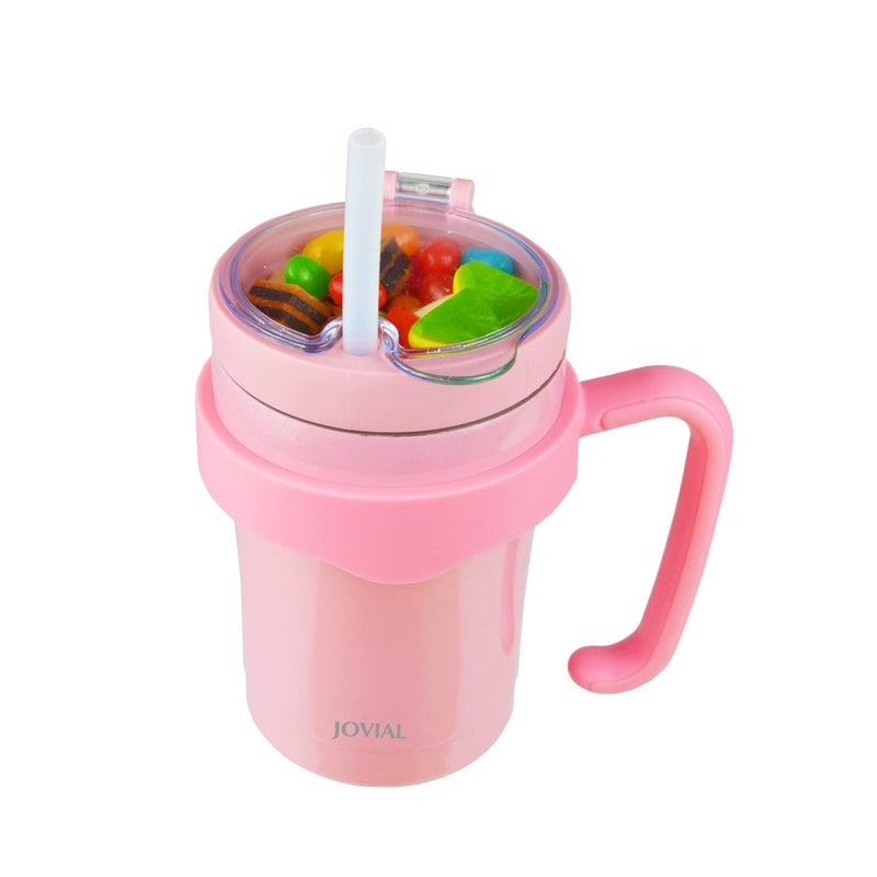 JOVIAL All In One Toddler Cup With Snack Container, Straw and Handle, Stainless Steel Insulated Kid Snack Cup With Straw, Work As a 12 Oz Coffee Mug/ Milk Cup to Keep Cold or Hot for Hours-Glitter Pink - Image 3