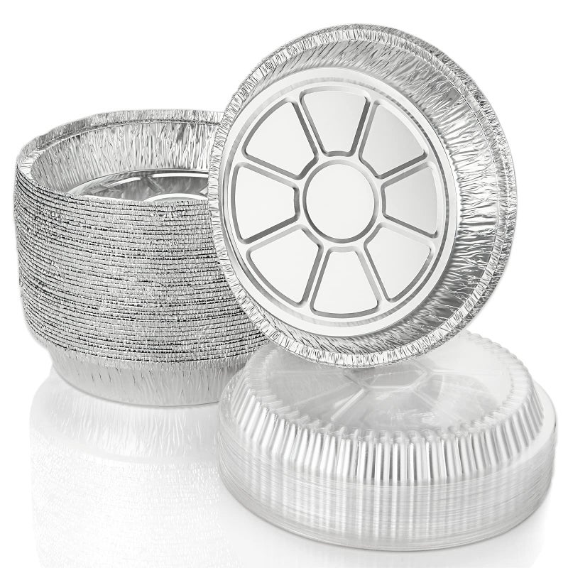 SENENQU 50 Sets 8 Inch Foil Trays with Lids 1000ml Disposable Tin Foil Food Containers Round Aluminum Foil Flan Dishes Pie Cases for Baking Roasting Food Storage Takeaway  Freezer  Oven Safe