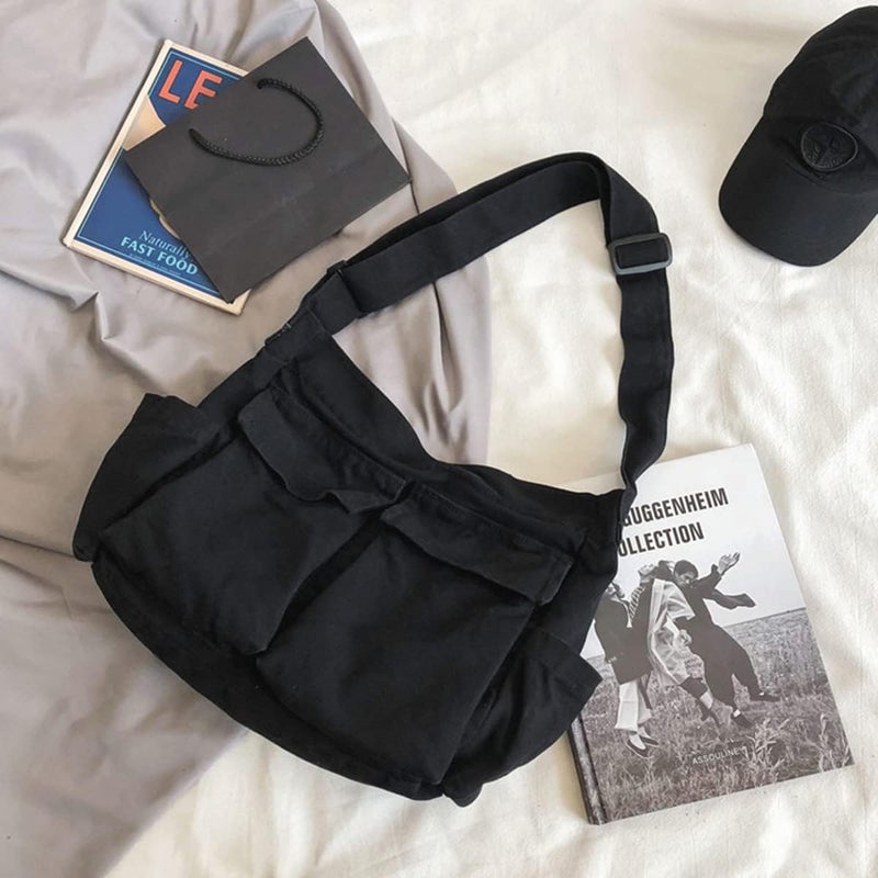 GAXOS Aesthetic Cute Messenger Bag for School Vintage Black Canvas Crossbody for Women Shoulder Laptop Bag - Image 1