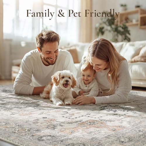 GENIMO 6x9 Area Rugs for Living Room, Machine Washable Low Pile Rugs, Chenille Non Alip Vintage Rug for Bedroom, Dining Room, Home Office, Light Taupe Brown - Image 3