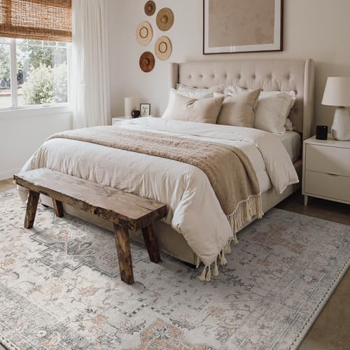 GENIMO 6x9 Area Rugs for Living Room, Machine Washable Low Pile Rugs, Chenille Non Alip Vintage Rug for Bedroom, Dining Room, Home Office, Light Taupe Brown - Image 2