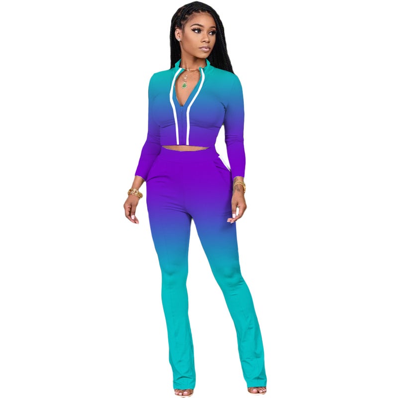 Generic X9267 Cross-border Special for Navel Zipper Sweater Tight Pants Two-piece Sports Suit Autumn and Winter Amazon Explosions Cyan  - Image 1