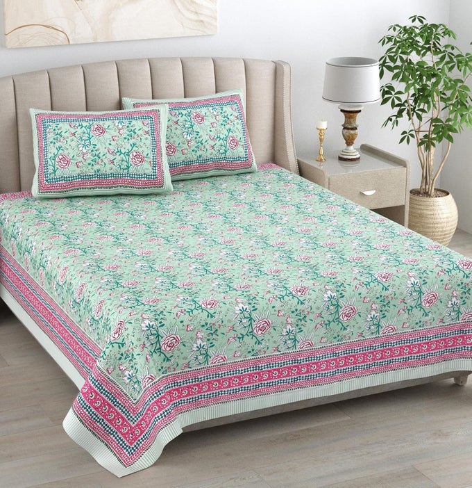 HAND BLOCK PRINTED COTTON DOUBLE BEDSHEET KING SIZE 93X108 PASTEL BLOOM 2 PILLOW COVERS