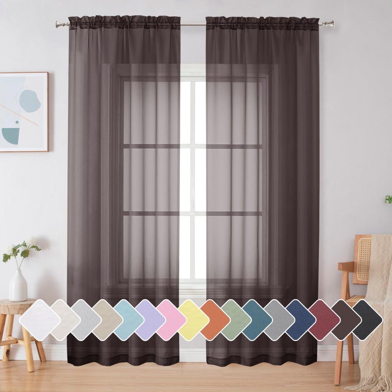 Simplebrand Chocolate Sheer Curtains 84 Inches Long, Light Filtering Rod Pocket Solid Color Window Sheer Curtain Panels, Elegant Curtains & Drapes for Living Room, Bedroom 2 Panels (42" W x 84" L) - Image 1