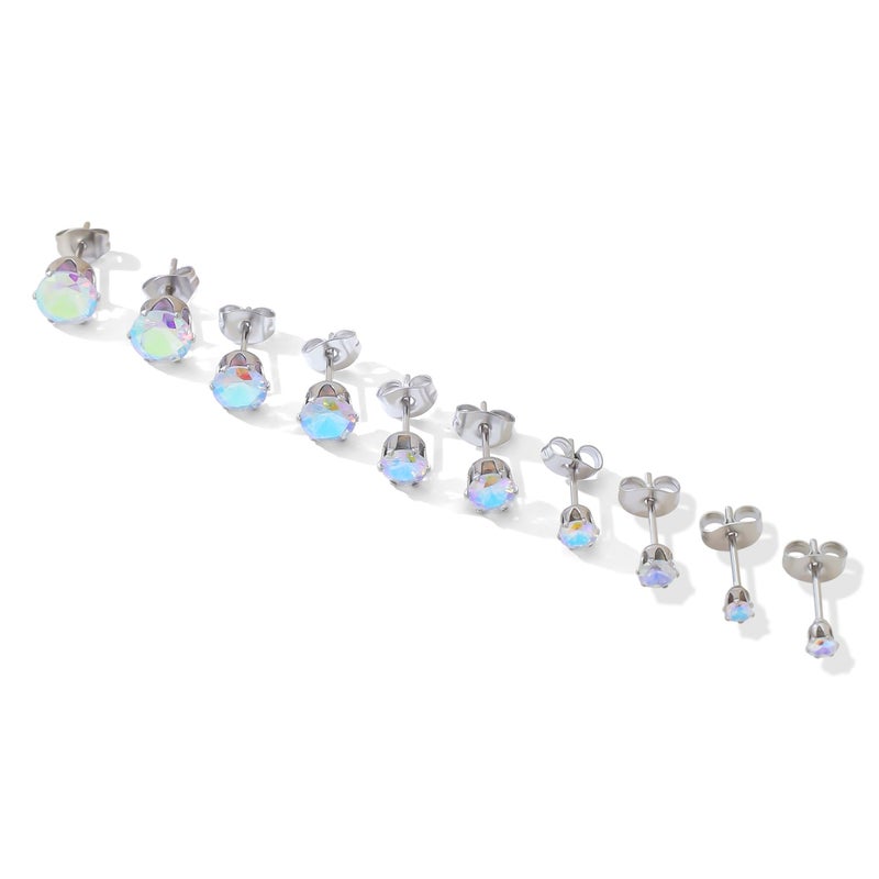 Niche-Finds 5 Pairs of Surgical Stainless Steel Aurora Borealis Crystal CZ Stud Earrings 3,4,5,6, & 7mm - Image 1