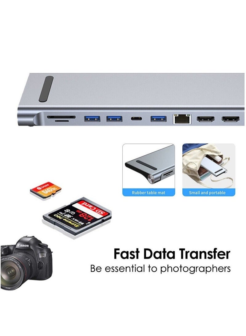 USB C HUB,USB Type C 12-in-1 Dock, Docking Station USB C, Aluminium C Hub With RJ45 Ethernet, HDMI, VGA, Audio Mic Port, SD/TF Card Reader - Image 2