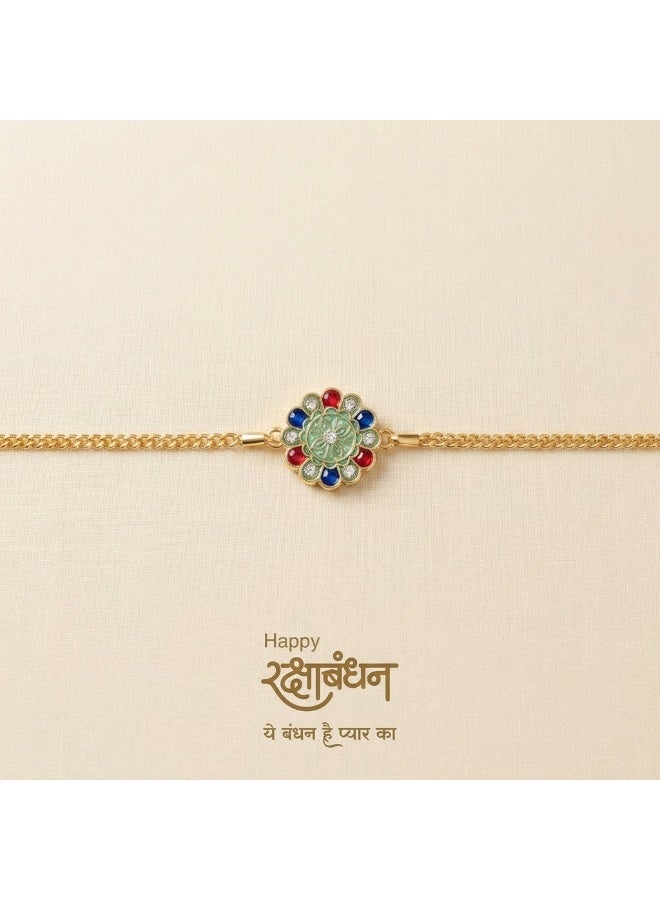 Traditional Floral Bracelet Rakhi for Men with Multicolour Stones, Puja Plate, Roli and Chawal – 1 Rakhi Set - Image 3