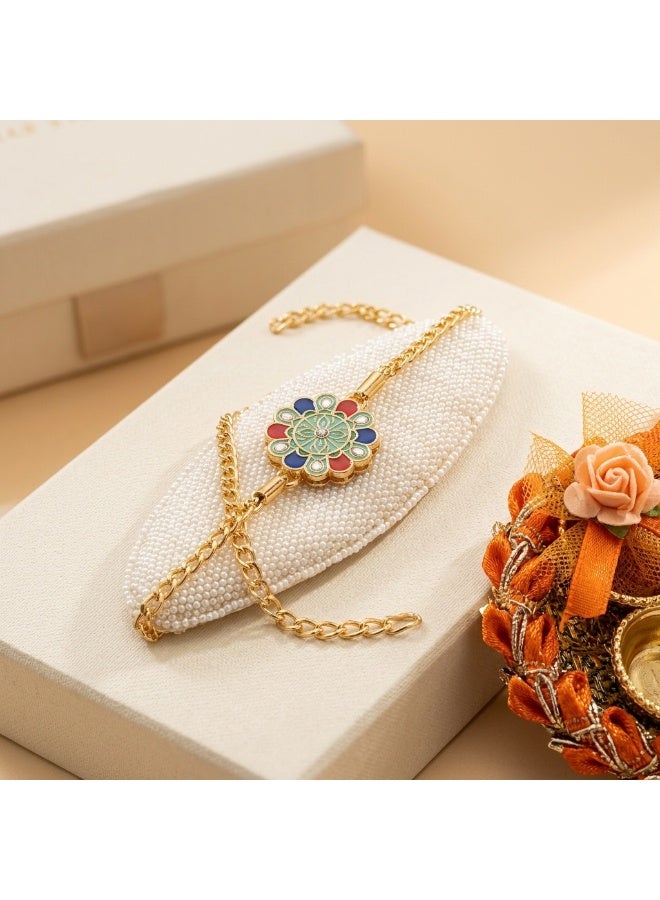 Traditional Floral Bracelet Rakhi for Men with Multicolour Stones, Puja Plate, Roli and Chawal – 1 Rakhi Set - Image 1