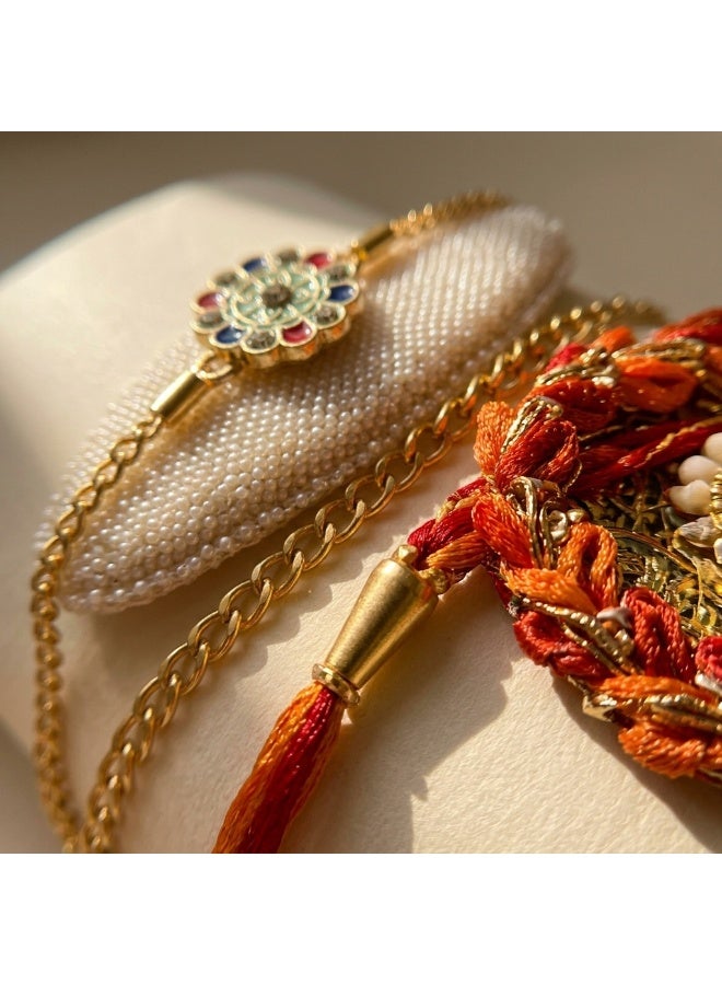 Traditional Floral Bracelet Rakhi for Men with Multicolour Stones, Puja Plate, Roli and Chawal – 1 Rakhi Set - Image 2