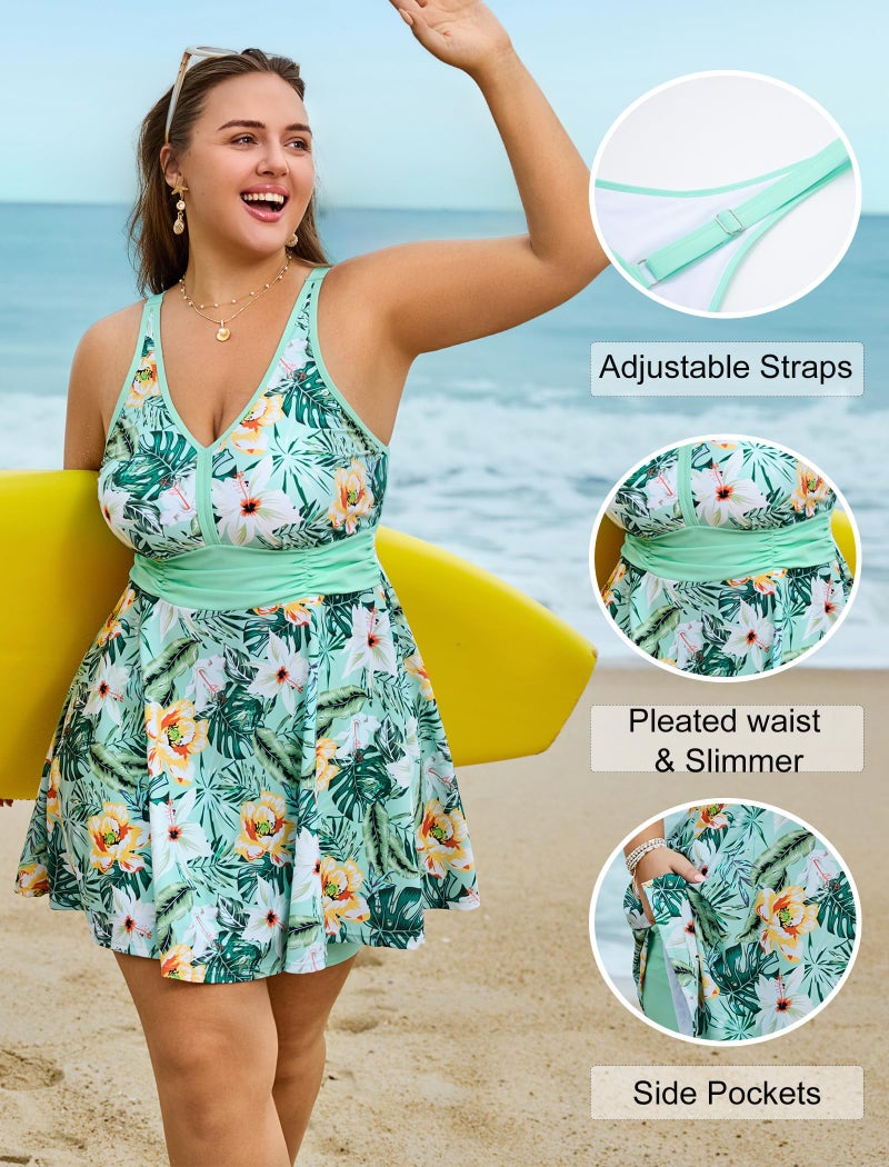Arolina Womens Plus Size Swim Dress Swimsuit Two Piece Tummy Control Bathing Suit Flowy Swimwear Green White Flower 16W - Image 5