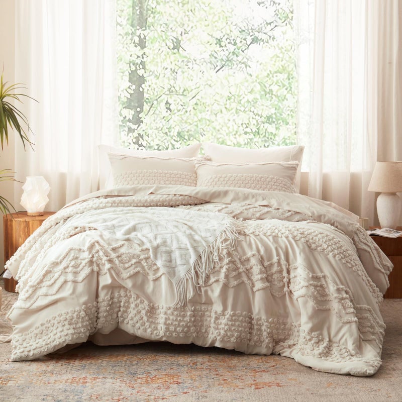 Luxudecor Beige Tufted Comforter Set King Size 3 Pieces Boho Shabby Chic Comforter Farmhouse Embroidery Bed Set Soft Comforter for All Seasons (Beige, 104''x90'') - Image 2