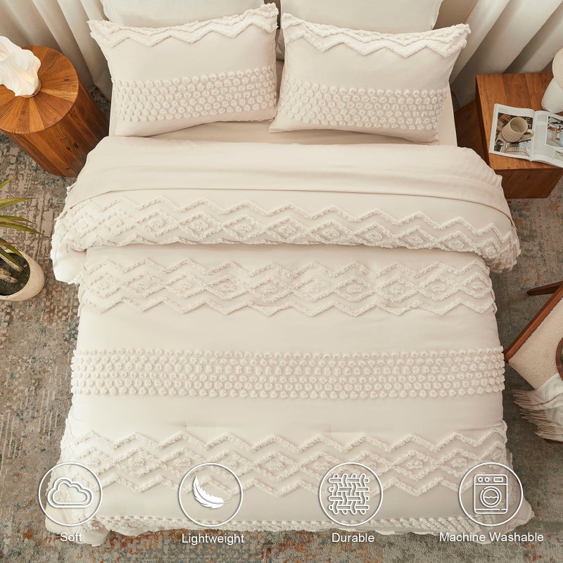 Luxudecor Beige Tufted Comforter Set King Size 3 Pieces Boho Shabby Chic Comforter Farmhouse Embroidery Bed Set Soft Comforter for All Seasons (Beige, 104''x90'') - Image 4