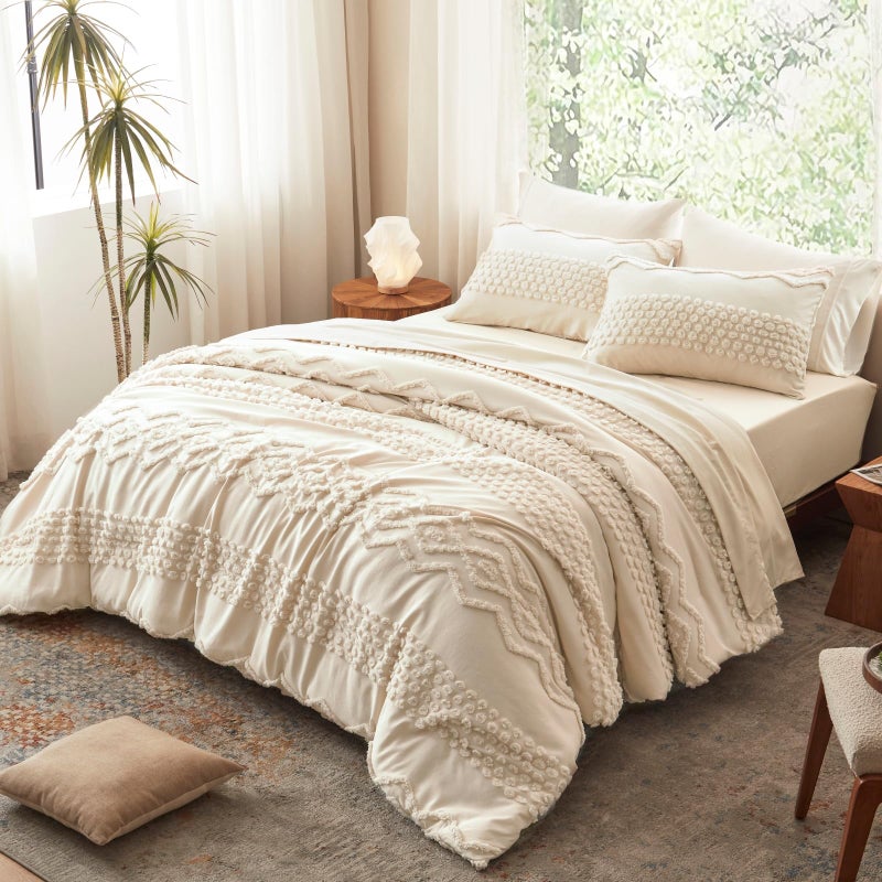 Luxudecor Beige Tufted Comforter Set King Size 3 Pieces Boho Shabby Chic Comforter Farmhouse Embroidery Bed Set Soft Comforter for All Seasons (Beige, 104''x90'') - Image 3