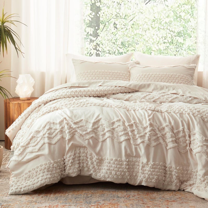 Luxudecor Beige Tufted Comforter Set King Size 3 Pieces Boho Shabby Chic Comforter Farmhouse Embroidery Bed Set Soft Comforter for All Seasons (Beige, 104''x90'') - Image 1