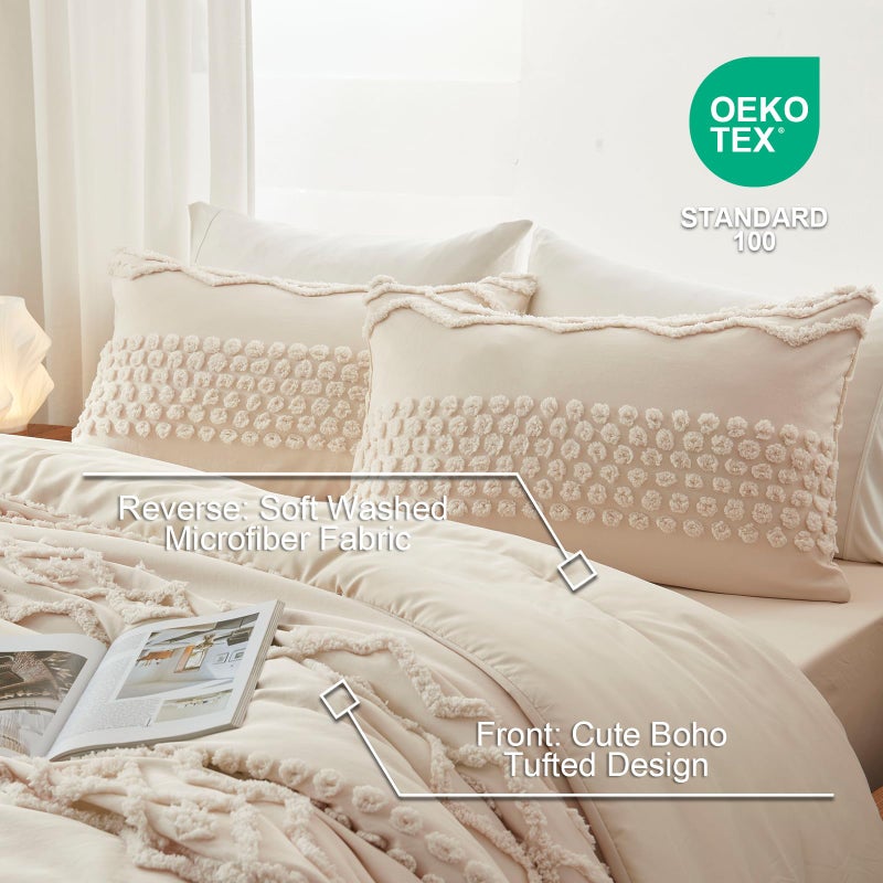 Luxudecor Beige Tufted Comforter Set King Size 3 Pieces Boho Shabby Chic Comforter Farmhouse Embroidery Bed Set Soft Comforter for All Seasons (Beige, 104''x90'') - Image 5