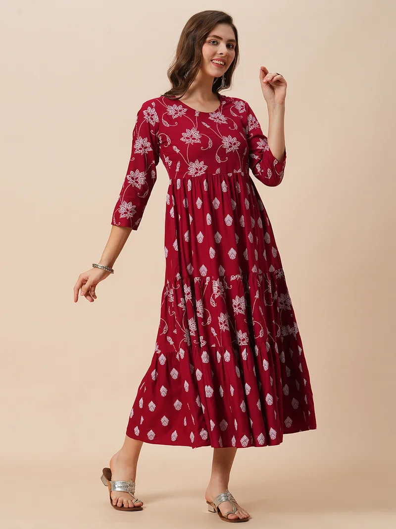 globus Globus Women Round Neck Floral Ethnic Print Gathered Tiered A-Line Midi Dress