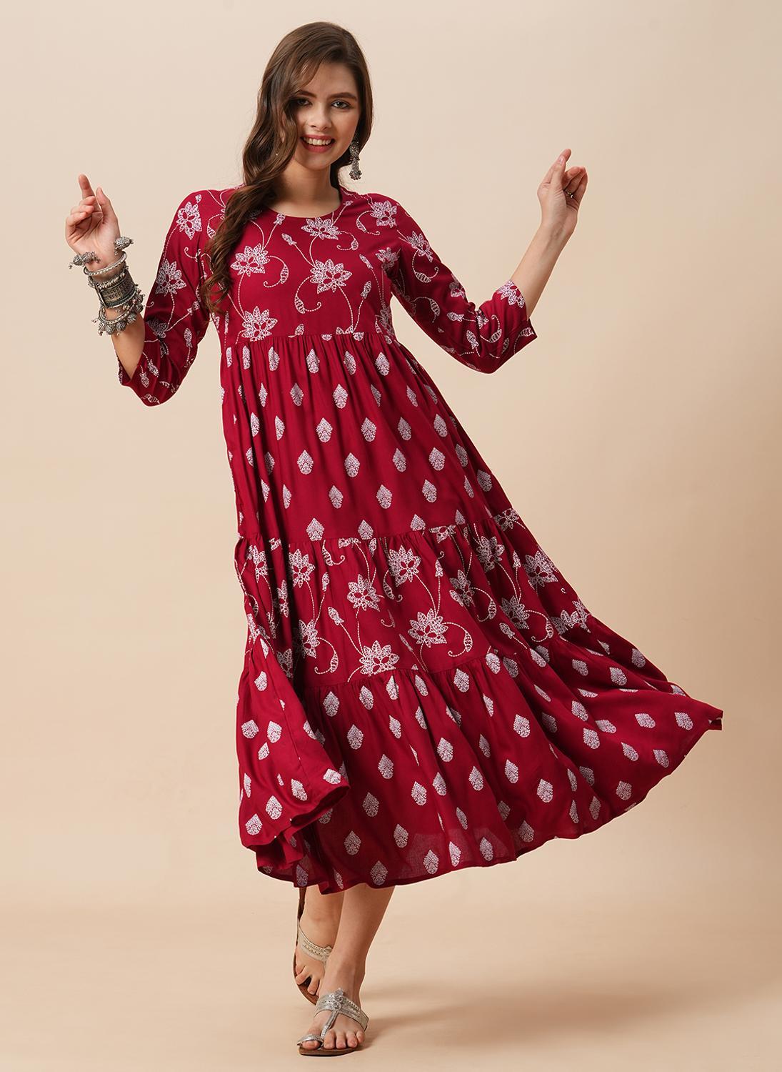 Globus Women's Maroon Ethnic Print Dress with Round Neck and Tiered Flared Design