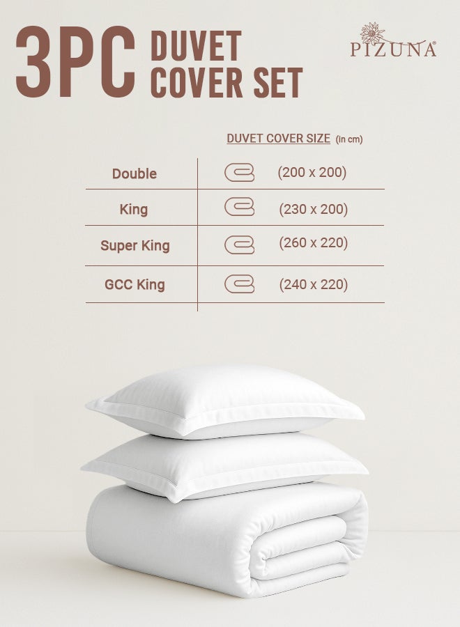 PIZUNA Pure Combed Cotton GCC King Duvet Cover 220x240 cm White, 400 Thread Count Cool Breathable 100% Long Staple Cotton Sateen Weave Quilt Cover with 2 Pillowcases (White Bedding Set) - Image 3