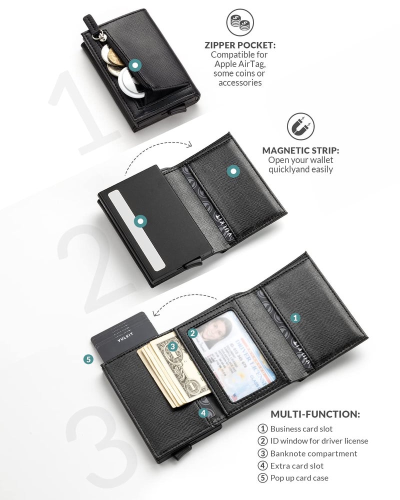 VULKIT Pop up Wallet Minimalist Cash Wallets RFID Blocking Leather Smart Credit Card Holder with Magnetic Closure for Men (Cross Black) - Image 3