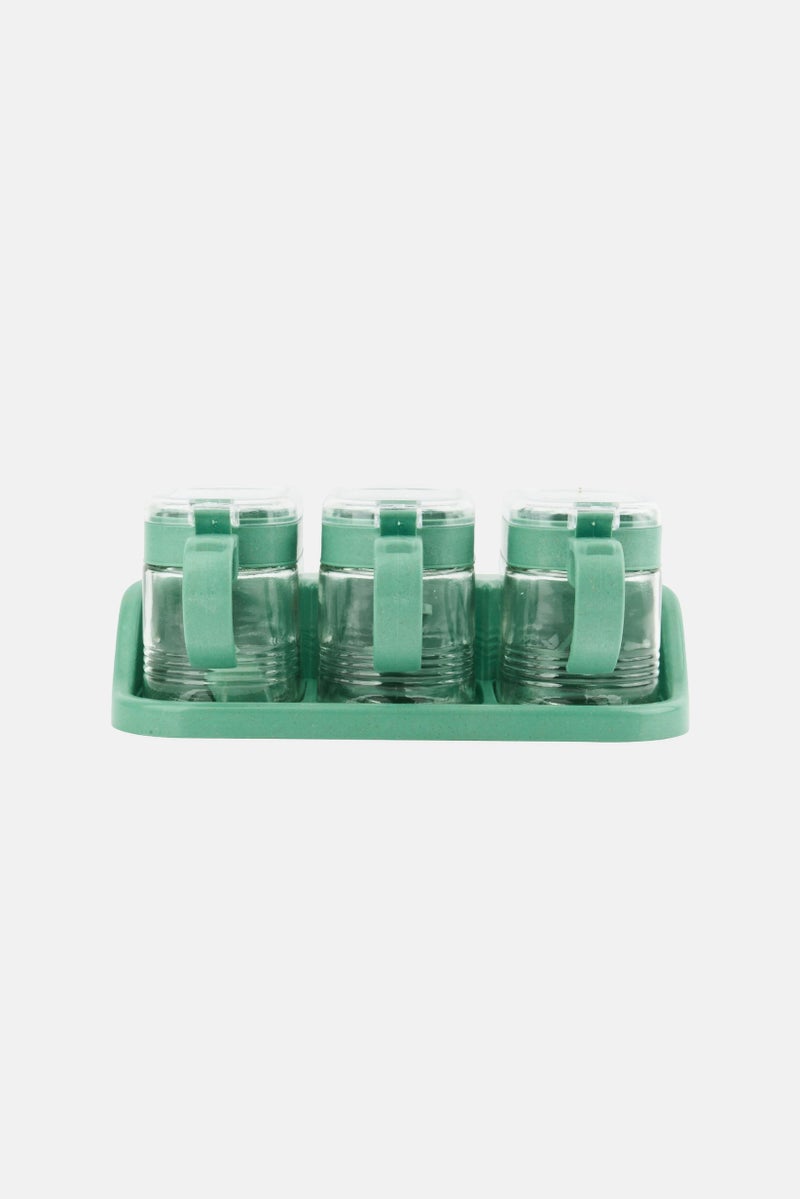 Alta 3 Pcs Wheat Fiber Glass Seasoning Jar Set With Tray, Green - Image 1