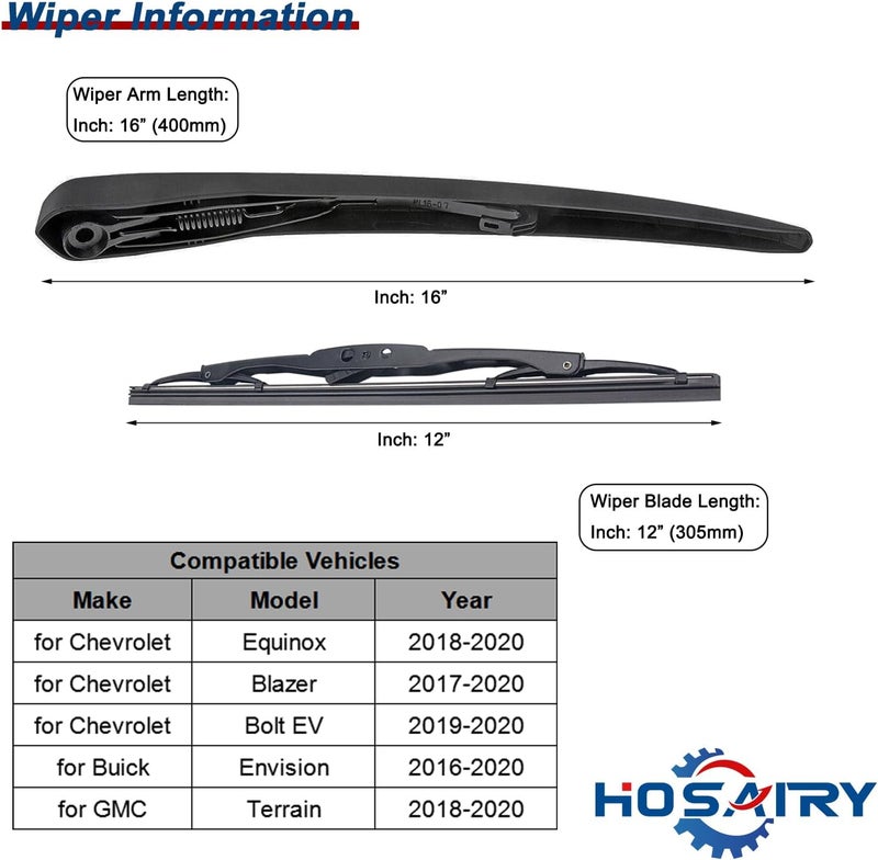 HOSAIRY Rear Wiper Arm Blade Set for Buick Envision, GMC Terrain, Chevy Blazer, Bolt EV, Equinox - Image 2