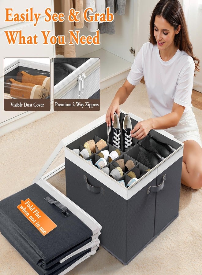 StoreHappily Shoe Organizer for Closet - 2 Packs Hold up to 32 Pairs, Large Shoe Storage Organizer Containers with Adjustable Dividers, Clear Cover, Leather Handles for Heels, Boots, Sneakers (Gray) - Image 2
