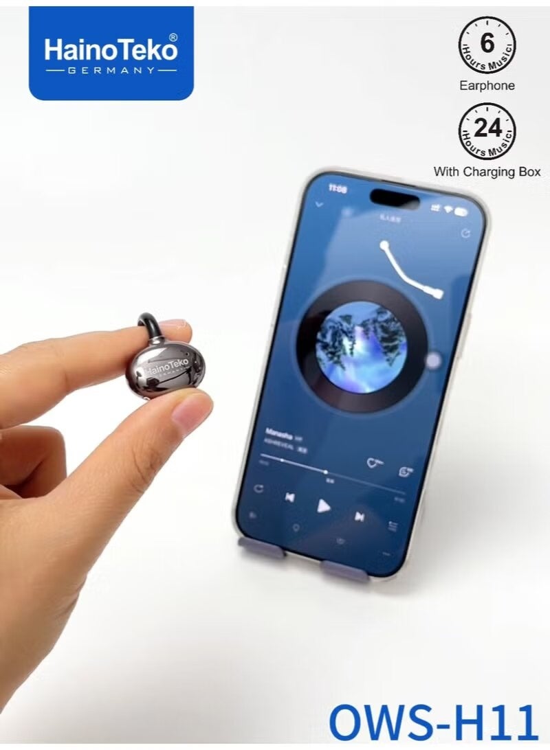Haino Teko OWS-H11 OpenDots Hi-Res True Wireless Bluetooth Earphones with LED Battery Display, Touch Control, Built-In Microphone, Long Playtime, Ergonomic Open-Ear Design, Black - Image 3