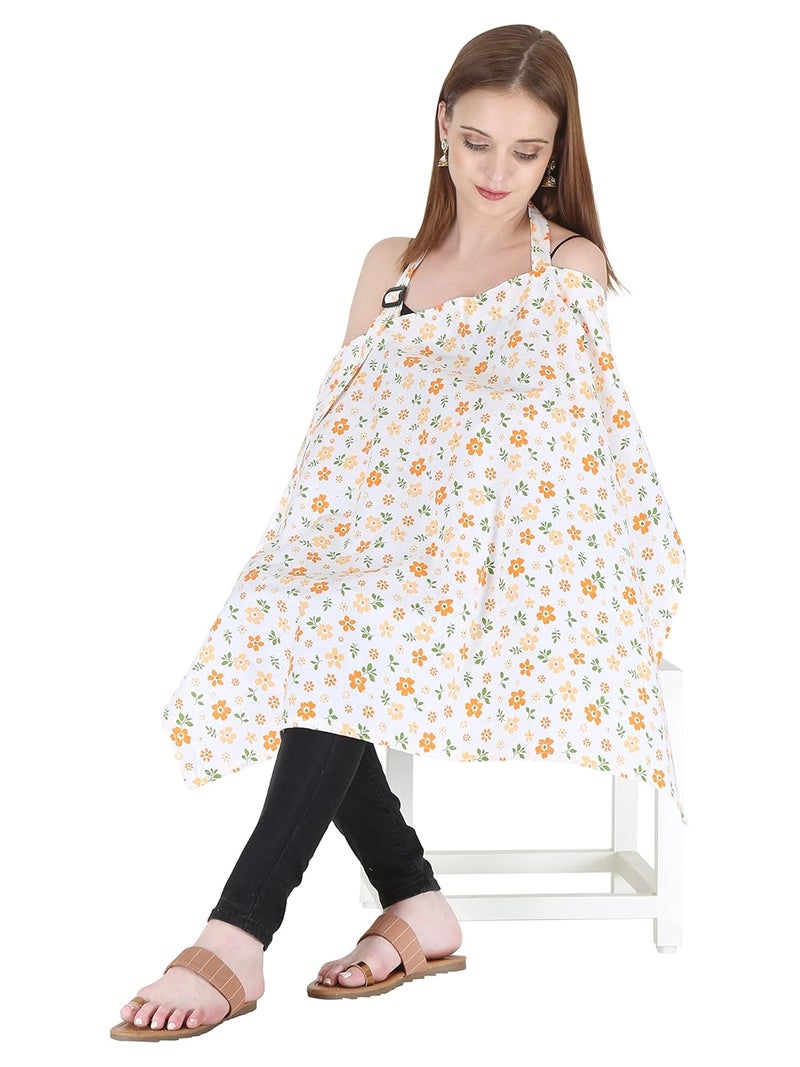 Switchon Feeding Apron Cover Cotton Maternity Baby Breastfeeding Multipurpose for Mothers (White-Orange) - Image 1