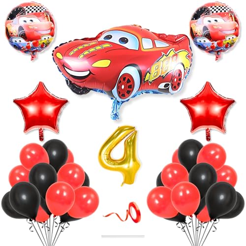 Flyloons 4th Car Theme Decoration for Birthday Red Black 4 year Baby Boys Girls Kids 5 Pcs Lightning Macqueen Theme 30 Pcs Metallic Balloons Decoration Kit Set Items 2 Pcs Red Star - Image 1