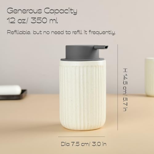 ABBI NIMO Beige Ceramic Foaming Soap Dispenser, Speckled Rippled 12 oz Bottle with Gray Silicone Pump, Foam Dispenser for Kitchen or Bathroom, Speckled Beige - Image 2