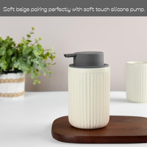 ABBI NIMO Beige Ceramic Foaming Soap Dispenser, Speckled Rippled 12 oz Bottle with Gray Silicone Pump, Foam Dispenser for Kitchen or Bathroom, Speckled Beige - Image 5