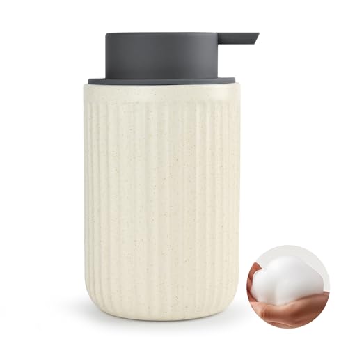 ABBI NIMO Beige Ceramic Foaming Soap Dispenser, Speckled Rippled 12 oz Bottle with Gray Silicone Pump, Foam Dispenser for Kitchen or Bathroom, Speckled Beige - Image 1