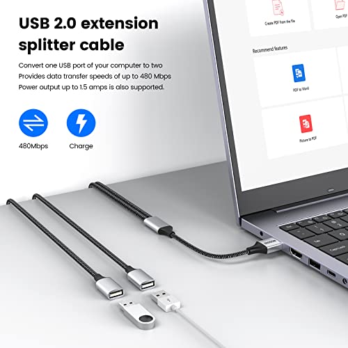 MOGOOD USB Extension Cable,USB A Male to 2 Female Extension Cord Durable USB Splitter Cable Nylon Braided Fast Data Transfer Compatible with Printer, USB Keyboard, Flash Drive, Hard Drive, PlayStation - Image 3