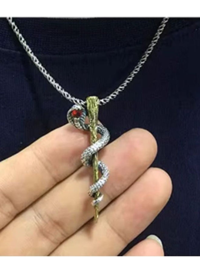 Neutral Red Zircon Snake - Men's Pendant, Ancient Egyptian Scepter Necklace Red Zircon Snake Sweatshirt Necklace Vintage Europe and the United States tide men and women car keychain accessories Vintage Silver Plated Necklace (Vintage Silver) - Image 4