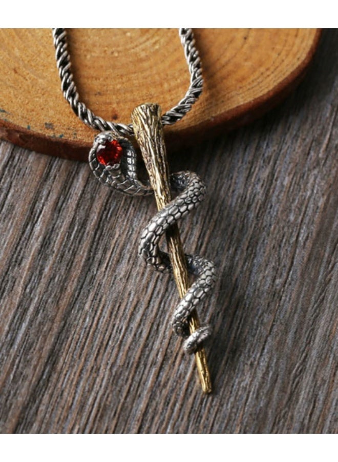 Neutral Red Zircon Snake - Men's Pendant, Ancient Egyptian Scepter Necklace Red Zircon Snake Sweatshirt Necklace Vintage Europe and the United States tide men and women car keychain accessories Vintage Silver Plated Necklace (Vintage Silver) - Image 2