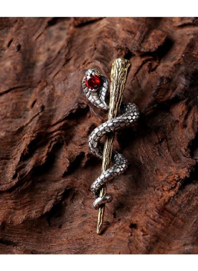 Neutral Red Zircon Snake - Men's Pendant, Ancient Egyptian Scepter Necklace Red Zircon Snake Sweatshirt Necklace Vintage Europe and the United States tide men and women car keychain accessories Vintage Silver Plated Necklace (Vintage Silver) - Image 1