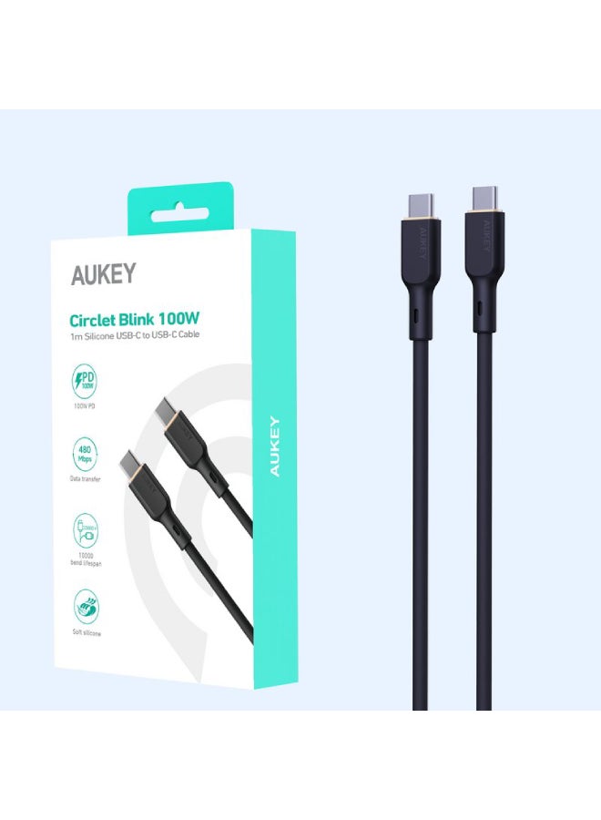 أوكي كيبل 100 واط سليكون مقوى شحن و مزامنة USB-C إلى USB-C طول 1م SCC101 أسود أسود - Image 3