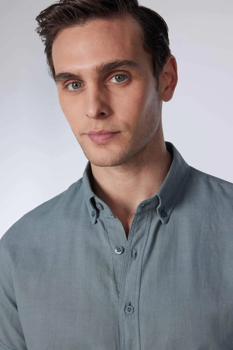 Tudors Slim Fit Short Sleeve Button Collar Plain Summer Linen Effect Gray Men's Shirt