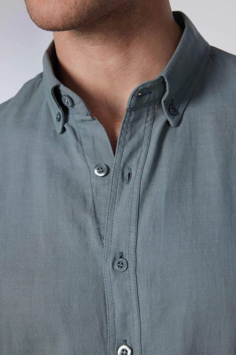 Tudors Slim Fit Short Sleeve Button Collar Plain Summer Linen Effect Gray Men's Shirt