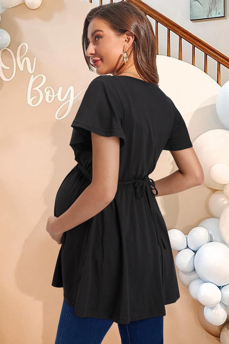 OUGES 2025 Womens Maternity Tops/Shirts Short Sleeve Wrap V Neck Tie Back Pleat Peplum Maternity Clothes/Tunic Casual Pregnancy Blouse(Black,M) - Image 5