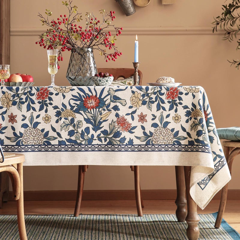 patdrea Designer Blue Small Tablecloth for Rectangle Table,Vintage Linen with Leaves and Floral Pattern Tablecloths,Farmhouse Decor Cover for Kitchen Dining Christmas,Thanksgiving,55"x71"-Ivar a - Image 2