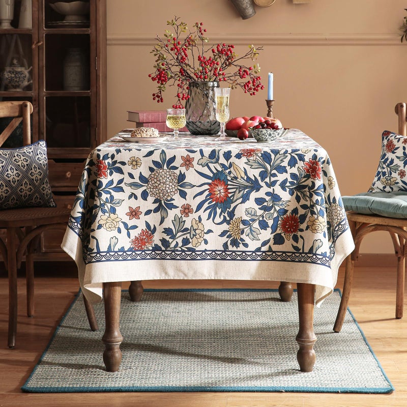 patdrea Designer Blue Small Tablecloth for Rectangle Table,Vintage Linen with Leaves and Floral Pattern Tablecloths,Farmhouse Decor Cover for Kitchen Dining Christmas,Thanksgiving,55"x71"-Ivar a - Image 3