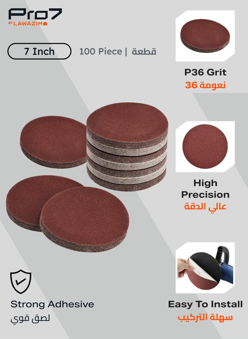 لوازم برو7 ورق سنفرة لزق أحمر - نعومة 36 - 7 بوصة - فيلكرو بدون فتحات 100 قطعة - قرص صنفرة دائري للخشب والمعادن والسيارات - مناسب لآلات الصنفرة العشوائية والدائرية - Image 2