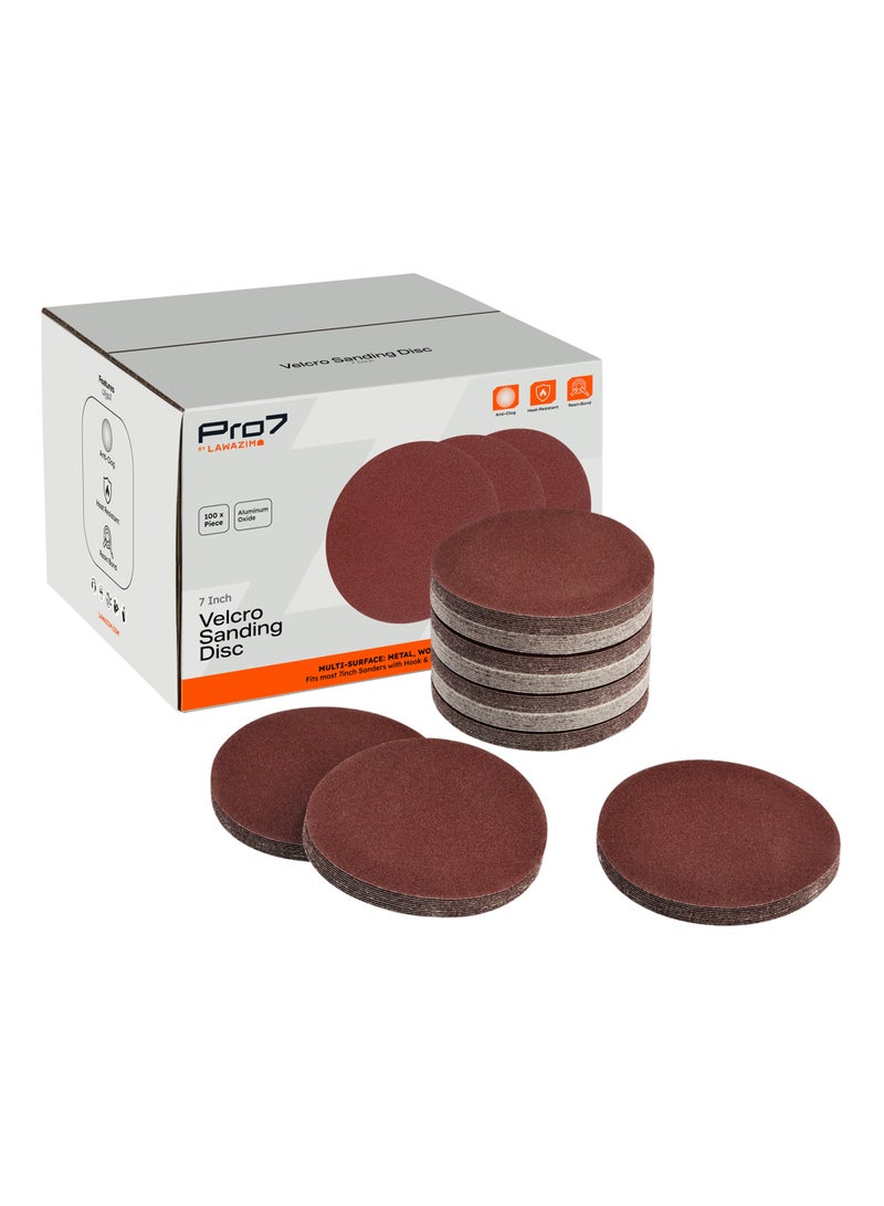 لوازم برو7 ورق سنفرة لزق أحمر - نعومة 36 - 7 بوصة - فيلكرو بدون فتحات 100 قطعة - قرص صنفرة دائري للخشب والمعادن والسيارات - مناسب لآلات الصنفرة العشوائية والدائرية - Image 1
