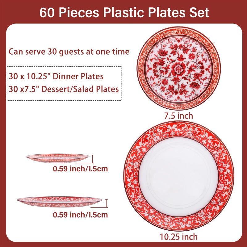 Hioasis 60pcs Red Plastic Plates Set - Floral Red & White Porcelain Design, 10.25" Dinner & 7.5" Dessert Plates Disposable for Christmas (Dishwasher Safe, Art Style) - Image 3