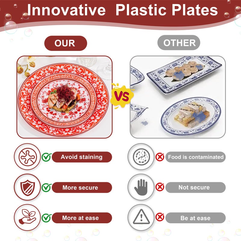 Hioasis 60pcs Red Plastic Plates Set - Floral Red & White Porcelain Design, 10.25" Dinner & 7.5" Dessert Plates Disposable for Christmas (Dishwasher Safe, Art Style) - Image 4