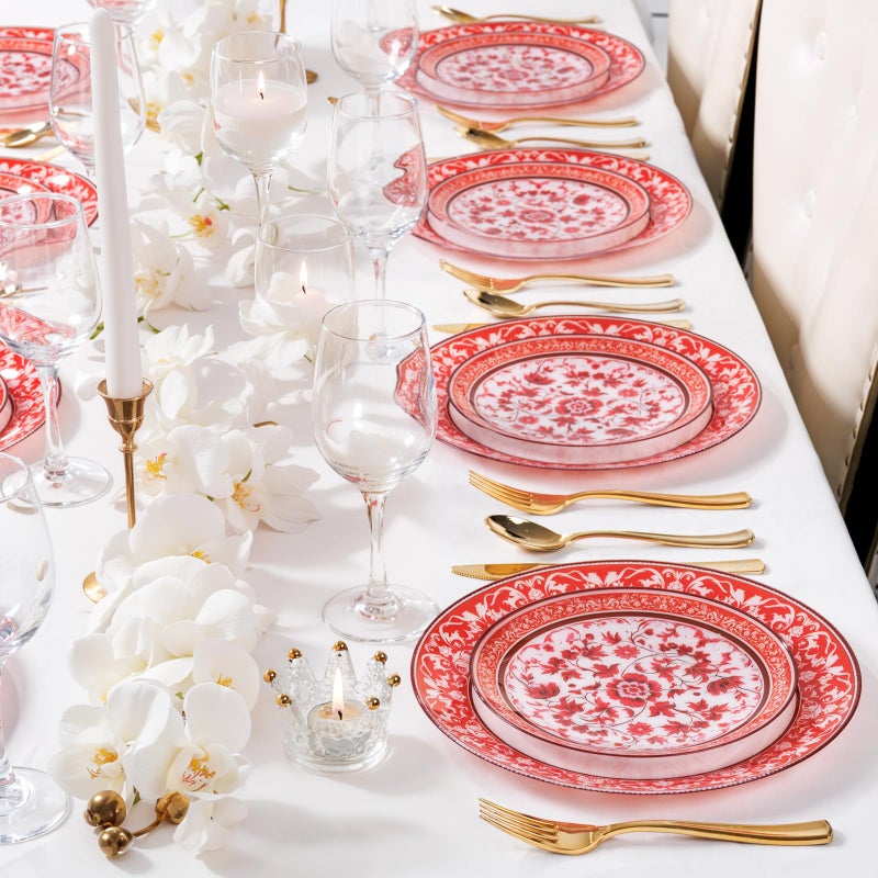 Hioasis 60pcs Red Plastic Plates Set - Floral Red & White Porcelain Design, 10.25" Dinner & 7.5" Dessert Plates Disposable for Christmas (Dishwasher Safe, Art Style) - Image 2
