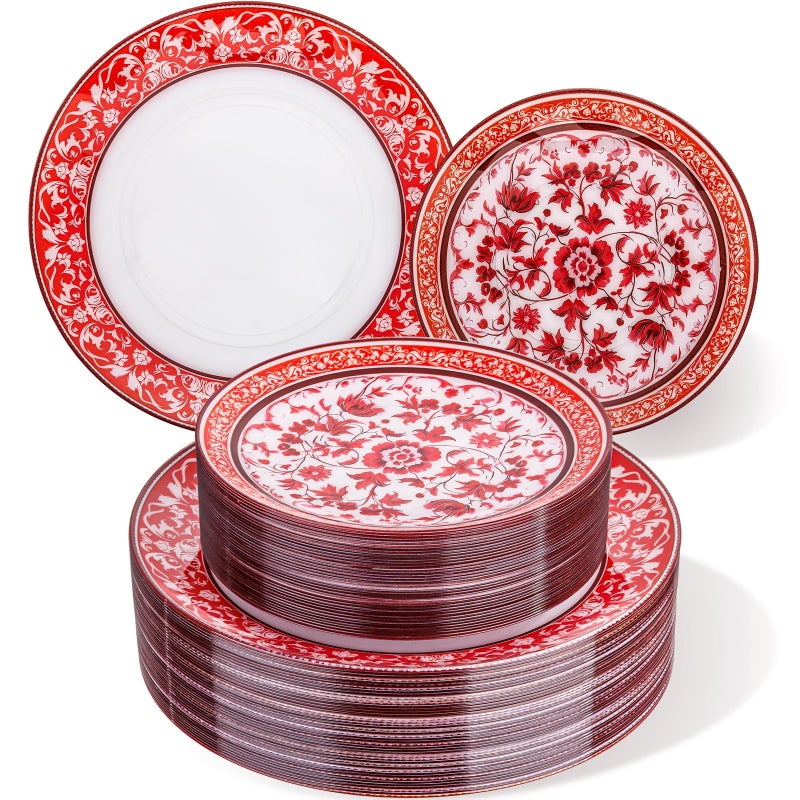 Hioasis 60pcs Red Plastic Plates Set - Floral Red & White Porcelain Design, 10.25" Dinner & 7.5" Dessert Plates Disposable for Christmas (Dishwasher Safe, Art Style) - Image 1