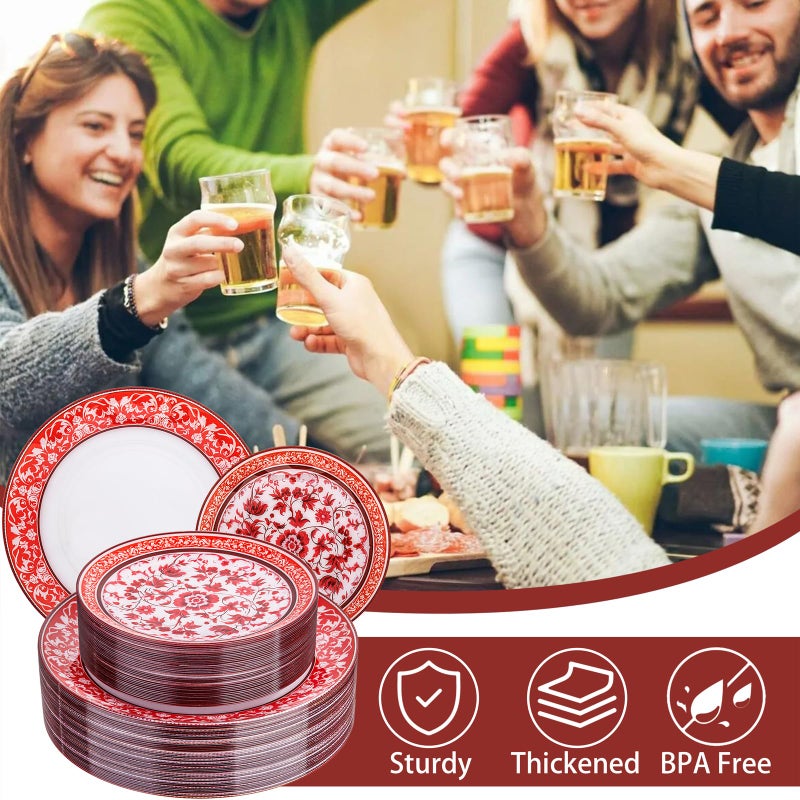 Hioasis 60pcs Red Plastic Plates Set - Floral Red & White Porcelain Design, 10.25" Dinner & 7.5" Dessert Plates Disposable for Christmas (Dishwasher Safe, Art Style) - Image 5