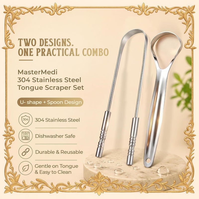MasterMedi Tongue Scraper with Multicolor Cases (2 Pack), 100% Stainless Steel, Reduce Bad Breath, Easy to Use Tongue Scraper for Adults, Tongue Cleaner for Oral Care & Hygiene - Image 4